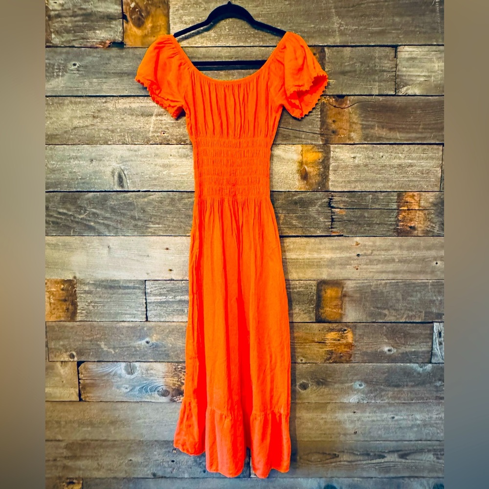 Bright Coral Boho Peasant Maxi Dress size XS-S